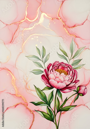 Pink peony blossom with green leaves and bud on pastel alcohol ink impasto background with golden details, perfect for wedding or romantic wall art