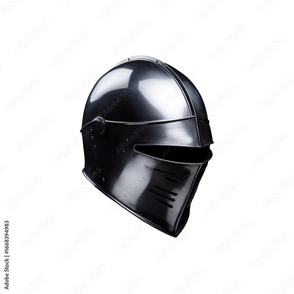 Fototapeta premium Medieval steel helmet with polished surface and elegant design on black background