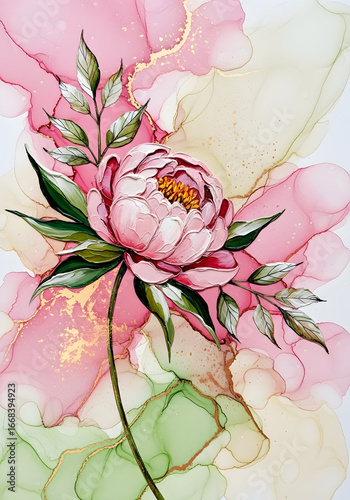 Elegant Blooming Peony on Pastel Pink Abstract Alcohol Ink Artwork, perfect for wedding or romantic wall art

