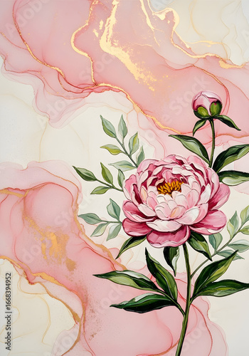 Single Pink Peony Flower with Bud and Green Leaves in Alcohol Ink Impasto Art, perfect for wedding or romantic wall art
