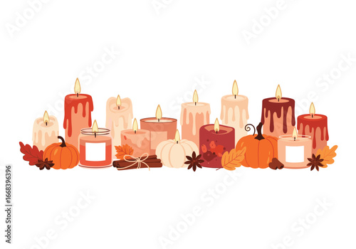 Autumnal decorations featuring lit candles pumpkins and autumn leaves arrangement