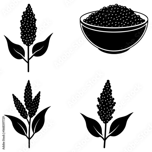 Illustration showing quinoa plants with leaves and a bowl filled with quinoa seeds in black and white