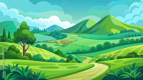 Vector art of idyllic countryside landscape featuring rolling green hills, fields, and a winding road leading to distant mountains under a partly cloudy sky