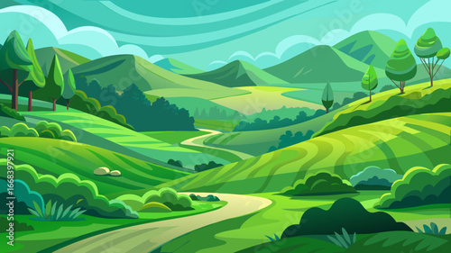 Vector art of lush green landscape with rolling hills, winding road, and distant mountains under a bright sky, showcasing the beauty of nature and tranquility