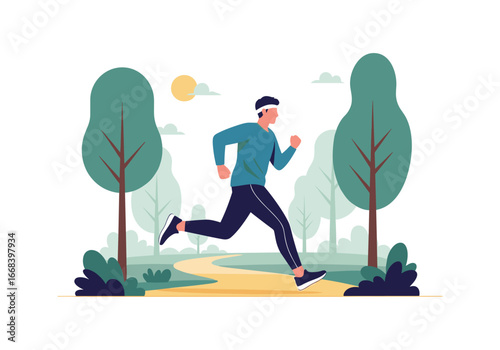 Active man running through a park on a sunny day