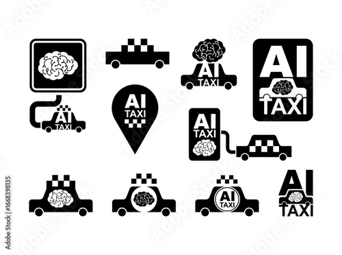 Set of AI taxi icons in different styles representing autonomous cars, smart mobility, and futuristic transport systems.