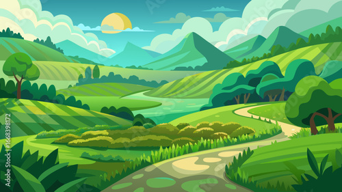 Vector art of a serene countryside landscape featuring rolling green hills, a winding path, and a bright sun shining over the mountains, creating a peaceful rural scene