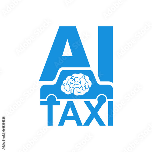 AI Taxi logo with brain icon inside text. Vector illustration symbolizes artificial intelligence, autonomous mobility, smart urban transport, and innovative taxi branding concept.