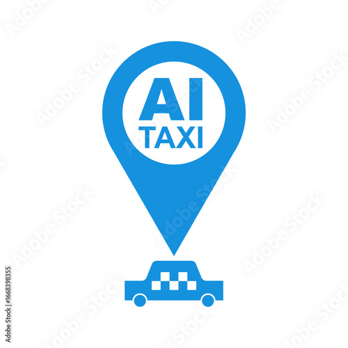 AI Taxi logo with map pin and car symbol. Vector illustration for autonomous ride service, artificial intelligence transport, smart navigation, and future mobility technologies.