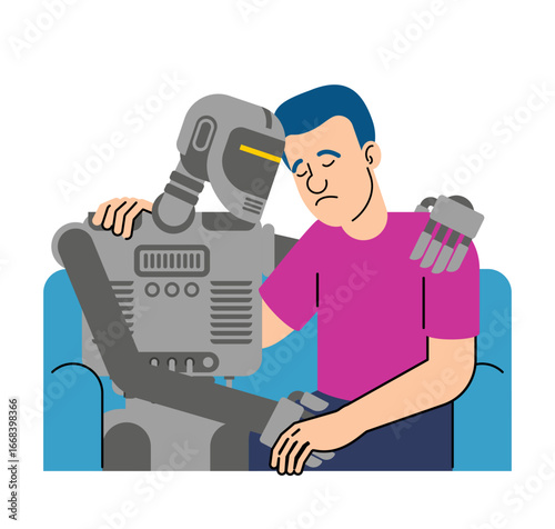 Man sitting on a sofa hugging AI robot friend. Vector illustration about human–machine interaction, emotional connection, artificial intelligence, and future companionship technology.