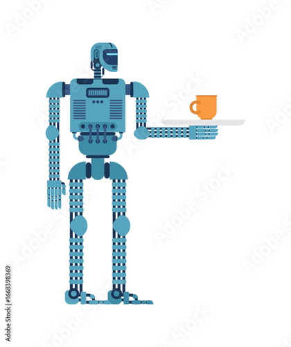 robot assistant holding a cup. Illustration symbolizing artificial intelligence help, service robotics, futuristic digital assistant, and modern smart technology in everyday life.