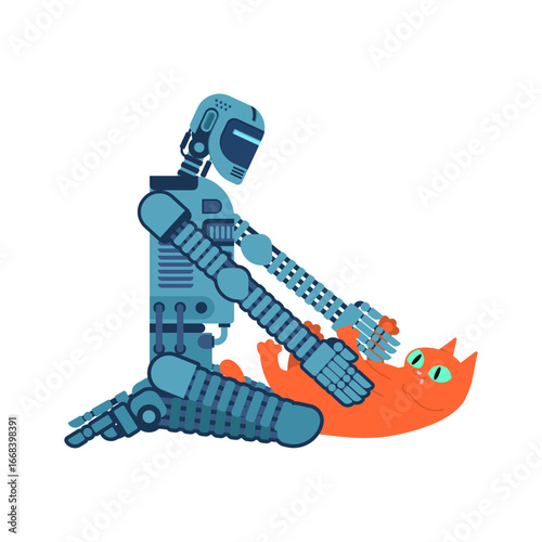 Robot interacting playfully with a cat. Vector illustration of artificial intelligence pet care, smart technology for animals, and emotional connection between machines and living beings.