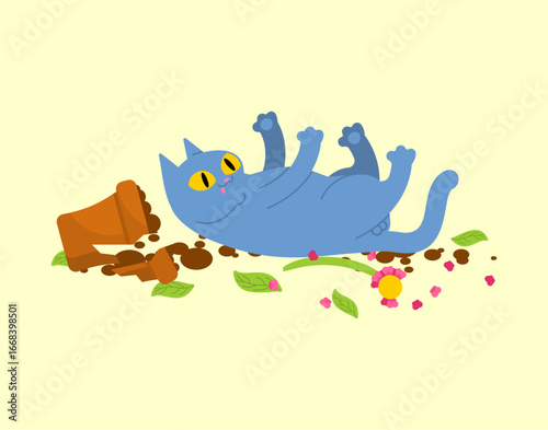 Playful cat knocked over a flower pot. Humorous illustration about pets, domestic accidents, curiosity of animals, home mess, and funny everyday situations with cats.