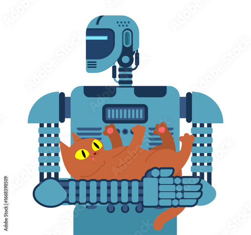 Robot holding a cat in arms. Illustration about artificial intelligence in pet care, emotional connection between machines and animals, futuristic companionship, and kindness of AI helpers.