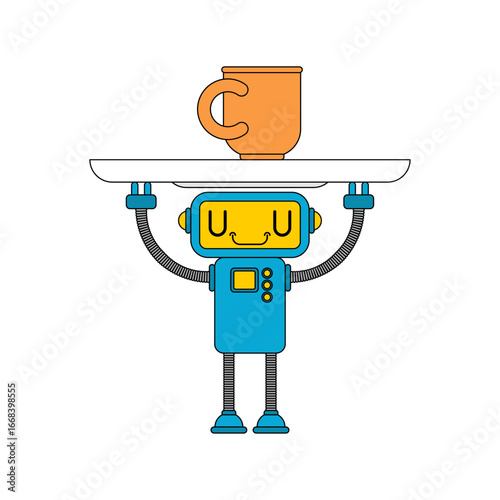 Friendly assistant robot holding a tray with a coffee cup, symbolizing service, help, and modern AI support in everyday life and hospitality.