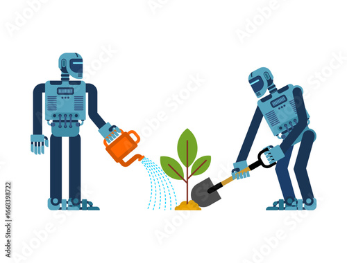 Two robots planting and watering small plants. Concept of teamwork, technology, and eco-friendly gardening.