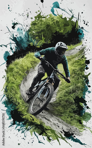 mountain biker riding downhill on a lush green trail