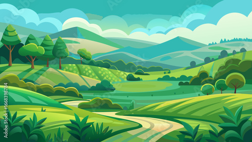 Vector art of a serene cartoon landscape featuring rolling green hills, lush fields, and a winding path under a bright sky, evoking a sense of peacefulness and tranquility