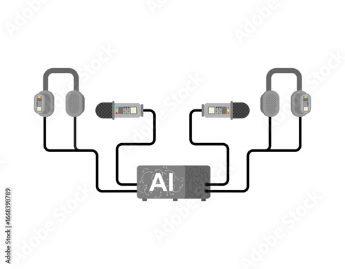 AI translator wearing headphones and speaking into a microphone. Symbol of language translation, speech recognition, and modern artificial intelligence.
