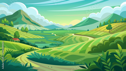 Vector art of a vibrant cartoon landscape showcasing rolling green hills, cultivated fields, and a winding path under a bright sky, capturing a sense of peacefulness and tranquility