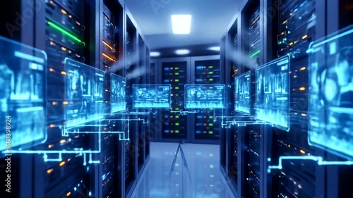 Futuristic data center with glowing servers and holographic displays, showcasing technology in action