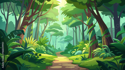 Vector art of a serene forest path beckons with lush greenery, towering trees, and dappled sunlight, inviting exploration and tranquility in natures embrace