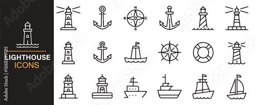 Vector set of lighthouse icons with ships, anchors, compasses, and lifebuoys in outline style.