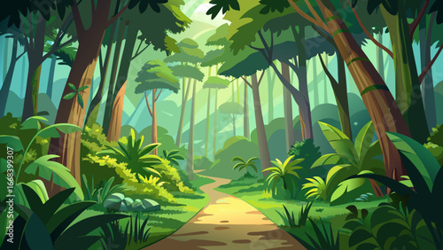 Vector art of a tranquil forest path winds through lush greenery, inviting exploration and serenity amidst natures beauty and the dappled sunlight filtering through the trees