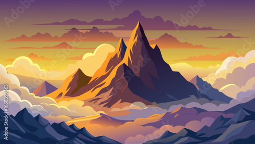 Vector art of majestic mountain peak rising above the clouds at sunset, creating a breathtaking landscape view, perfect for travel and adventure enthusiasts