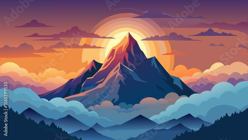 Vector art of majestic mountain peak illuminated by the radiant sunset, surrounded by clouds, creating a breathtaking scenery of natures beauty