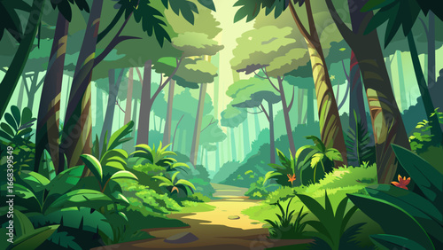 Vector art of lush green jungle path with tropical trees and plants, creating a vibrant and inviting natural landscape, perfect for adventure and exploration