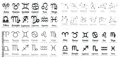 Vector image of zodiac signs icons. Concept of fortune telling by tarot cards and horoscope forecasts. Element for your design