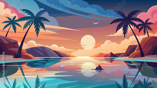 Vector art of picturesque tropical island beach with palm trees at sunset, reflecting in the tranquil sea, a perfect vacation destination