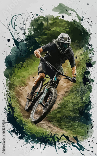 mountain biker riding downhill on a lush green trail