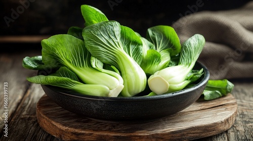 Fresh bok choy on wooden table, organic vegetable ingredient scene