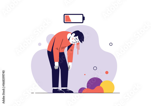 Exhausted person with low energy battery feeling sick vomiting out colorful goo