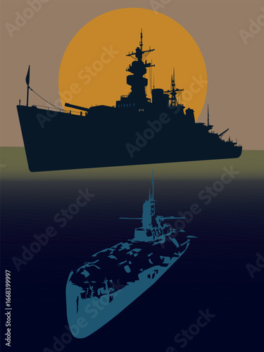 Silhouette of a warship at sea on a moonlit night and a submarine in the depths of the sea. Vector illustration for your illustrations in the style of naval military