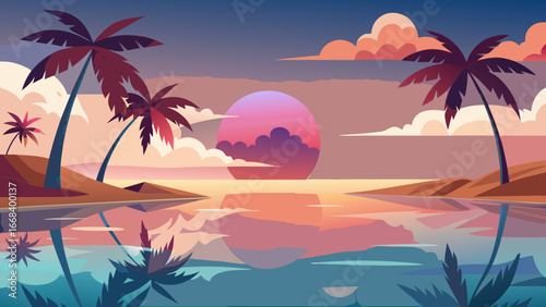 Vector art of a peaceful tropical sunset landscape featuring palm trees, calm water reflecting the colorful sky, and soft clouds, creating a serene vacation atmosphere