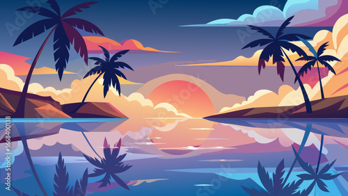 Vector art of a tranquil tropical sunset scene with silhouetted palm trees, calm water reflecting the vibrant sky, and soft clouds, evoking a sense of relaxation