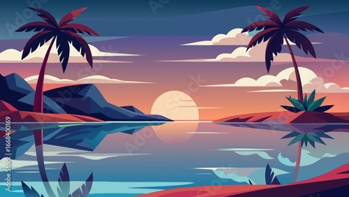 Vector art of a vibrant sunset over a calm sea, with palm trees silhouetted against the colorful sky, reflecting in the tranquil water, creating a peaceful island scene