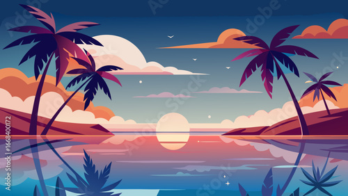 Vector art of a serene sunset over a tranquil sea, with palm trees silhouetted against the colorful sky, reflecting in the calm water, creating a peaceful island scene