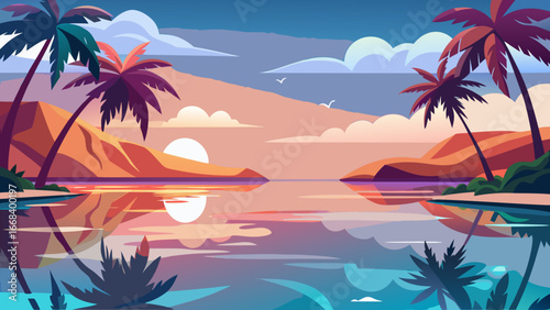 Vector art of a serene sunset over a calm sea, with palm trees silhouetted against the colorful sky, reflecting in the tranquil water, creating a peaceful island scene