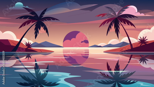 Vector art of a picturesque tropical sunset with palm trees reflected in the water, creating a serene and inviting vacation destination landscape