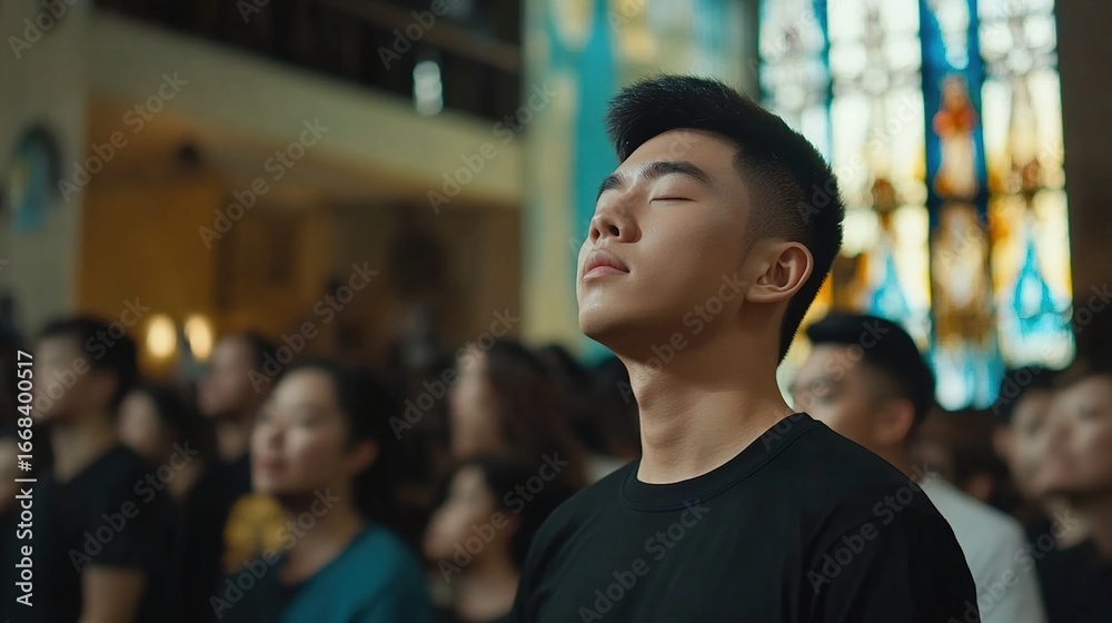 Fototapeta premium Man with closed eyes in meditation at church, religious place humanistic scene