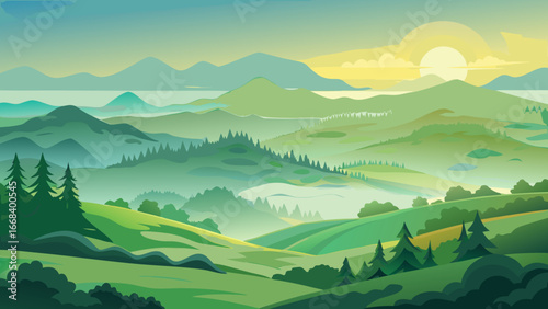 Vector art of vibrant green mountain landscape with rolling hills, lush forests, and a bright sun, creating a serene and idyllic scene for travel and tourism