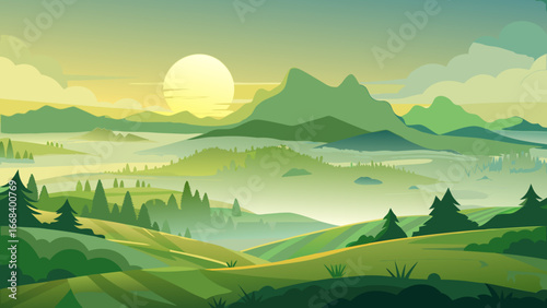 Vector art of a tranquil landscape with rolling hills, misty valleys, and a bright sun illuminating the majestic mountains, creating a serene and inviting scene