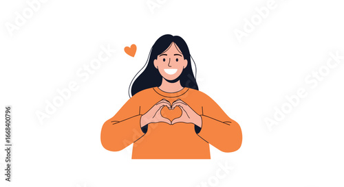 Young woman creating heart shape with her hands expressing love and positive emotions