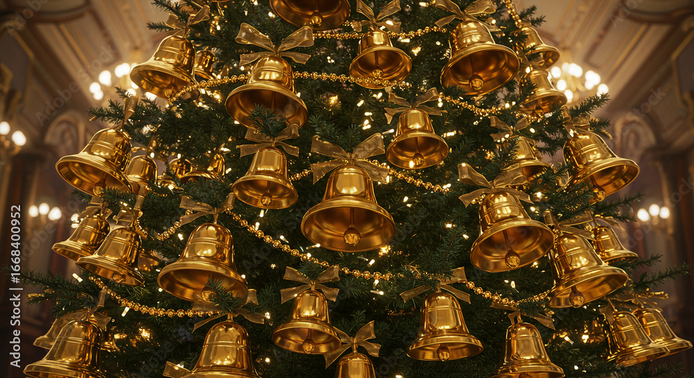 Fototapeta premium A beautifully decorated Christmas tree with golden bells, beads, and other adornments. The festive scene is set against a classical architectural background, radiating warmth and celebration.