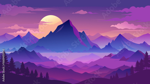 Vector art of a breathtaking vector landscape showcases majestic mountains at sunset, bathed in a serene purple and violet hue, creating a dreamy and romantic atmosphere