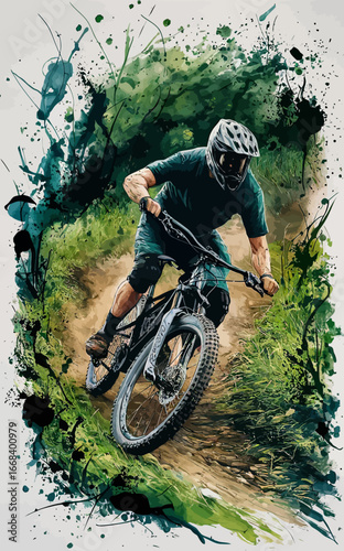 mountain biker riding downhill on a lush green trail